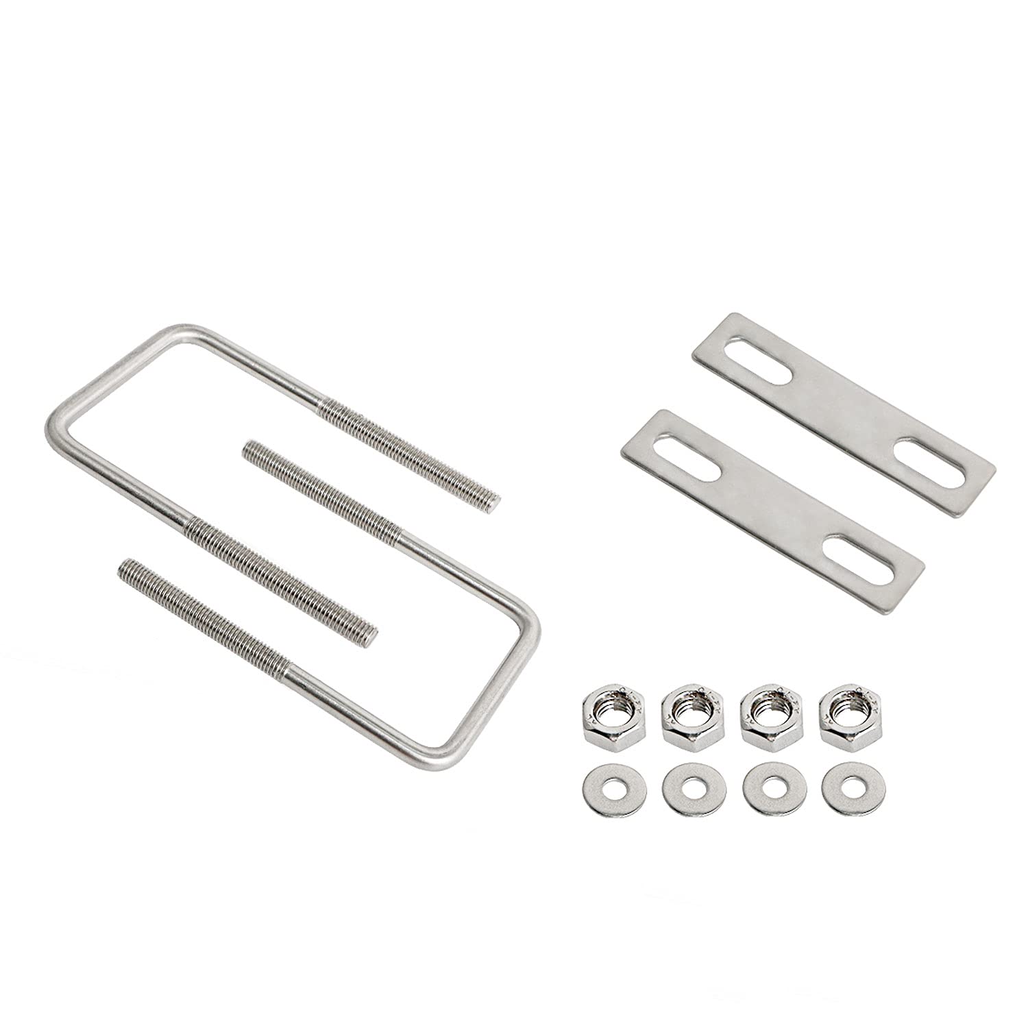 Aoje-Link Square U Bolt 2.36"(60mm) Inner Width M8 Thread 304 Stainless Steel Silver with Plates Nuts Flat Washers, 2Pcs