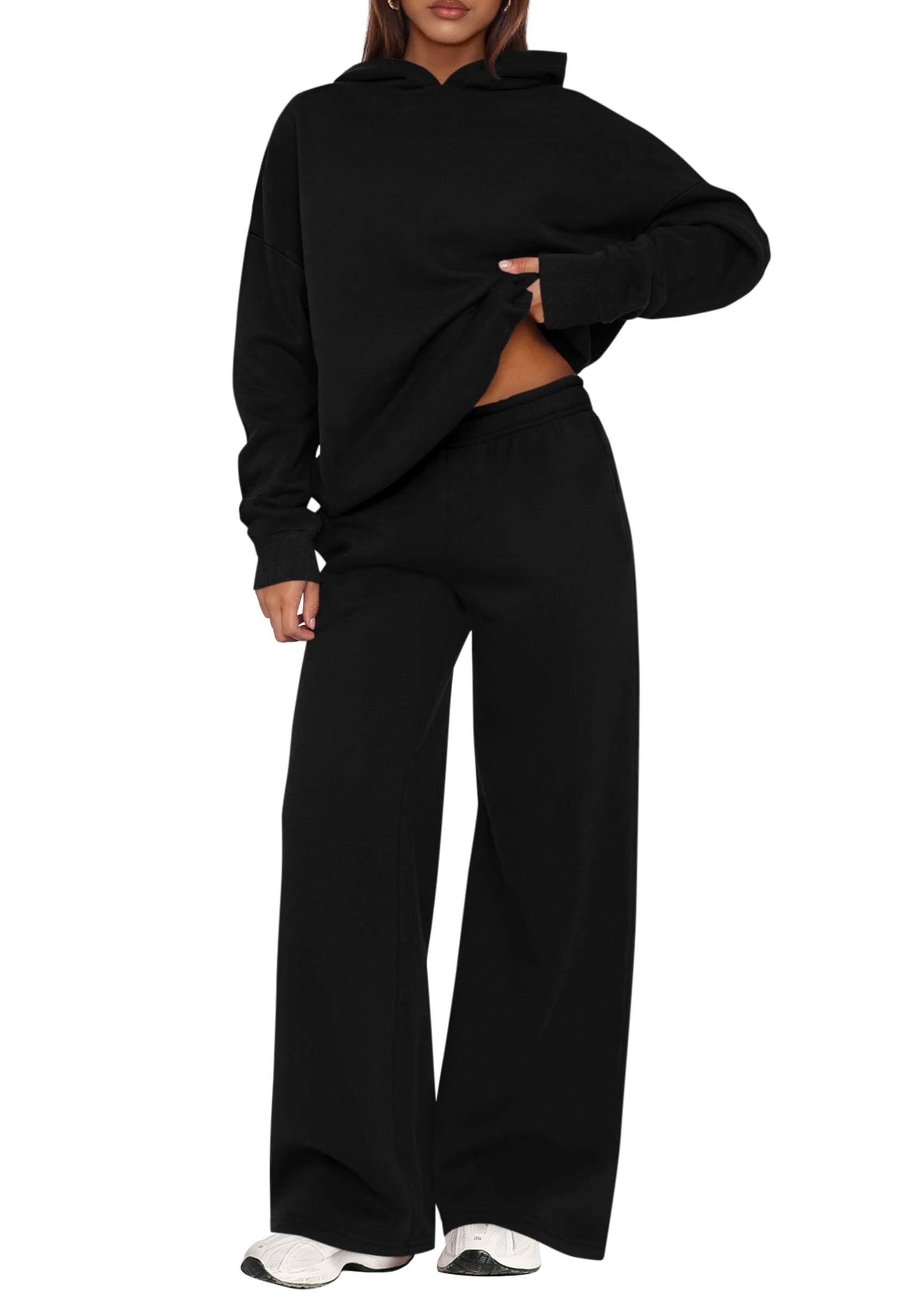 Photo 1 of PRETTYGARDEN Womens Sweatsuits 2 Piece Set 2025 Casual Winter Long Sleeve Hoodie Loose Wide Leg Sweatpants Fall Tracksuit (Black,Medium)