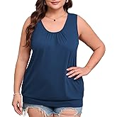 CARROTMOB Women's Plus Size Summer Tank Tops Loose Fit Pleated Crew Neck Sleeveless Tops with Banded Bottom for Curvy Women
