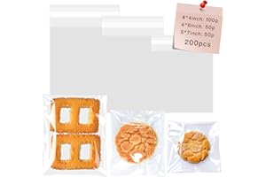 Cherodada Clear Self Sealing Cellophane Bags 4"x 4", 4"x 6", 5"x7" for Gift Wrapping, Wrapping Candies, Cookies, Chocolates, Popcorn (200 Pcs)
