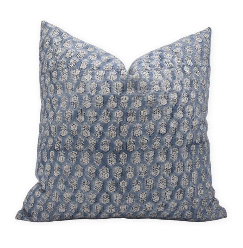 Photo 1 of Fabritual Block Print Thick Linen 24x24 Throw Pillow Covers, Handmade Vintage Pillow Covers for Sofa and Couch, Floral Print Outdoor Cushion Cover with Boho Home Decor (Tulsi buti, Blue)