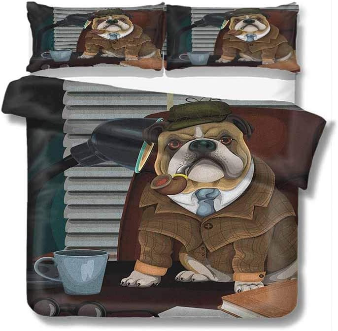 Mademai English Bulldog Large Duvet Cover Traditional English Detective Dog with a Pipe and Hat Sherlock Holmes Image with Two Pillowcases 89x89 inch Multicolor