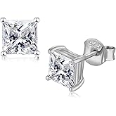 Vryssky Princess Cut Moissanite Stud Earrings for Women Men 925 Sterling Silver 18K White Gold Plated Square Shape Earrings