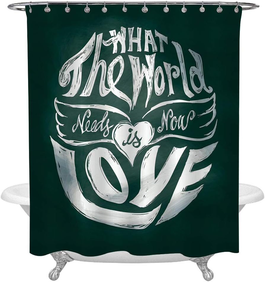 Hippie Shower Curtain Set,What the World Needs Now is Love Quote Lettering Art Circle Grunge Typography Decorative Waterproof Fabric Bathroom Decorations,Bath Curtains Hooks Included,72x72in,Dark Gree