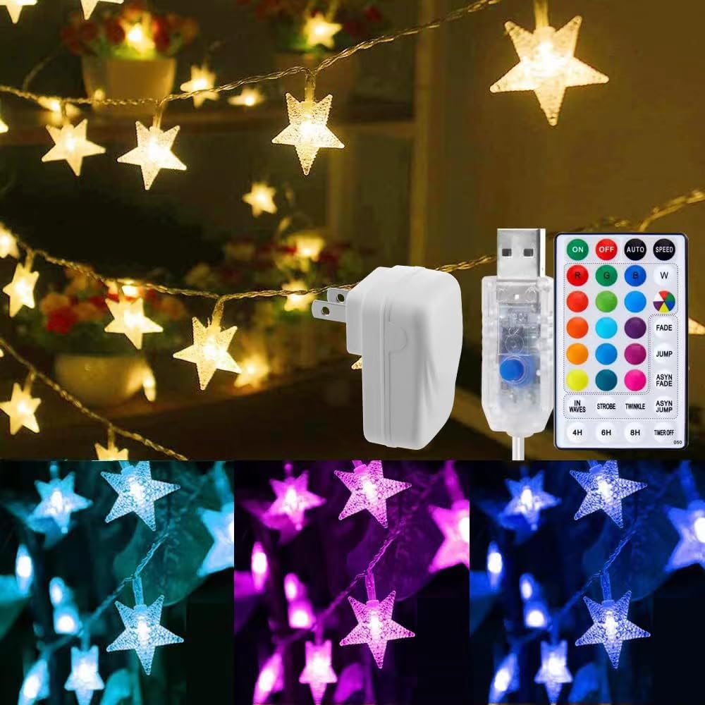 Photo 1 of Minetom Star String Lights for Bedroom - 33 ft Plug-in Color Changing Star String Lights with Remote and Timer for Bedroom Tent Loft Bed Window Backyard Patio Porch Balcony Party Wedding, RGB