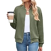 PANOZON Women's Zip Up Cropped Jacket Loose Long Sleeve Round Neck Lightweight Coat Casual Coarse Knitted Baseball Jacket