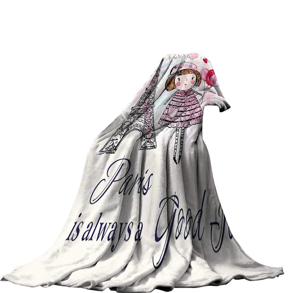 国内正規品 Qinyan Home 90 カラー01 B07k15xmh5 90 X108 ホワイト レッド ライトピンク イラスト 雲とエッフェル塔 風船 パリの小さな女の子 ソファベッドブランケット 心地よい柔らかい 暖かい ファッション 50x30インチ デジタルプリント ブランケット キッズ