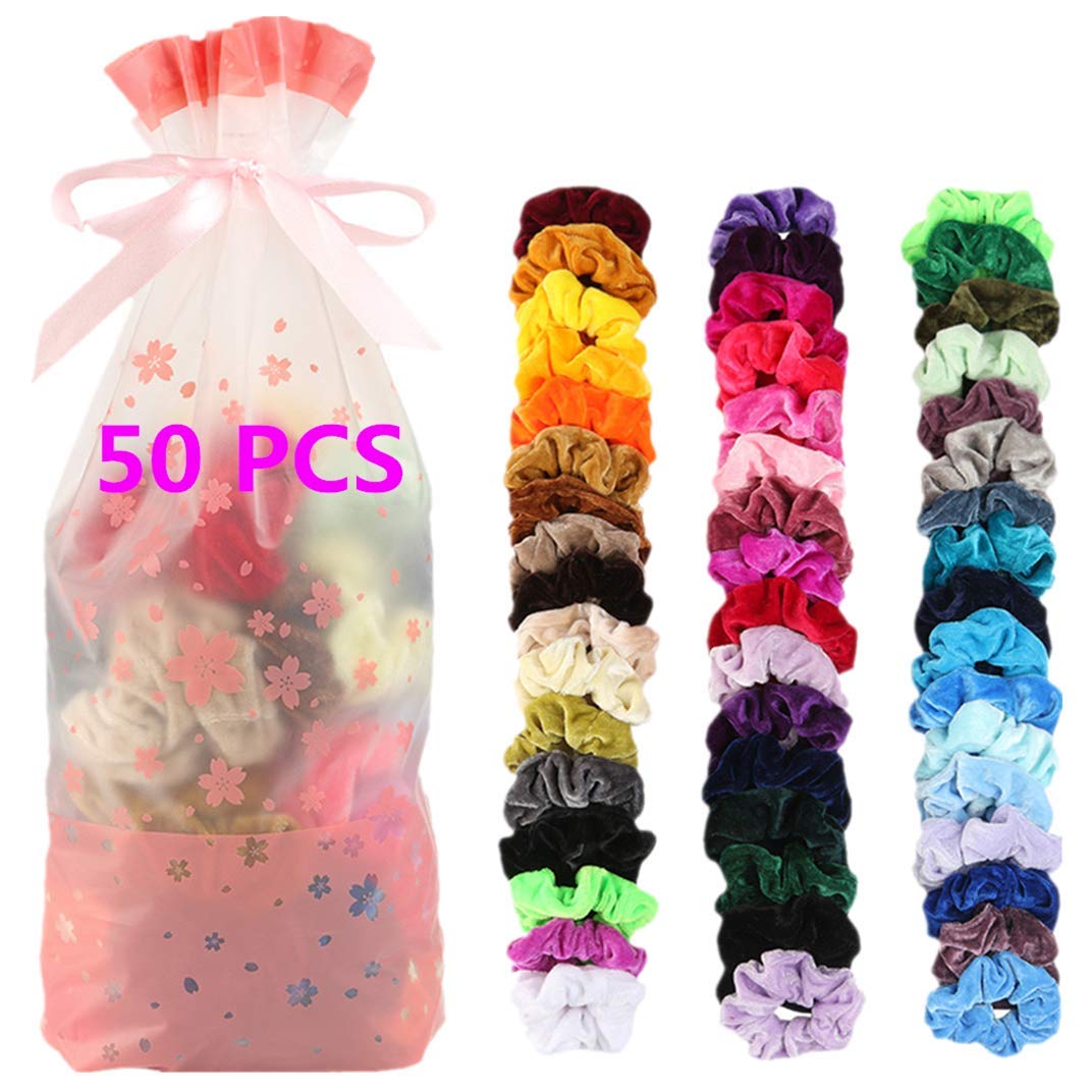 50 Pcs Velvet Scrunchies for Hair, Elastics Bobbles Hair Bands Scrunchy Hair Tie Ropes Scrunchie for Women Girls Hair Accessories with Collection Bag