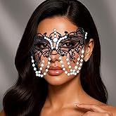 Flimire Pearl Masquerade Mask for Women Black Lace Masks Prom Costume Party Eye Mask Luxury Venetian Ball Mask