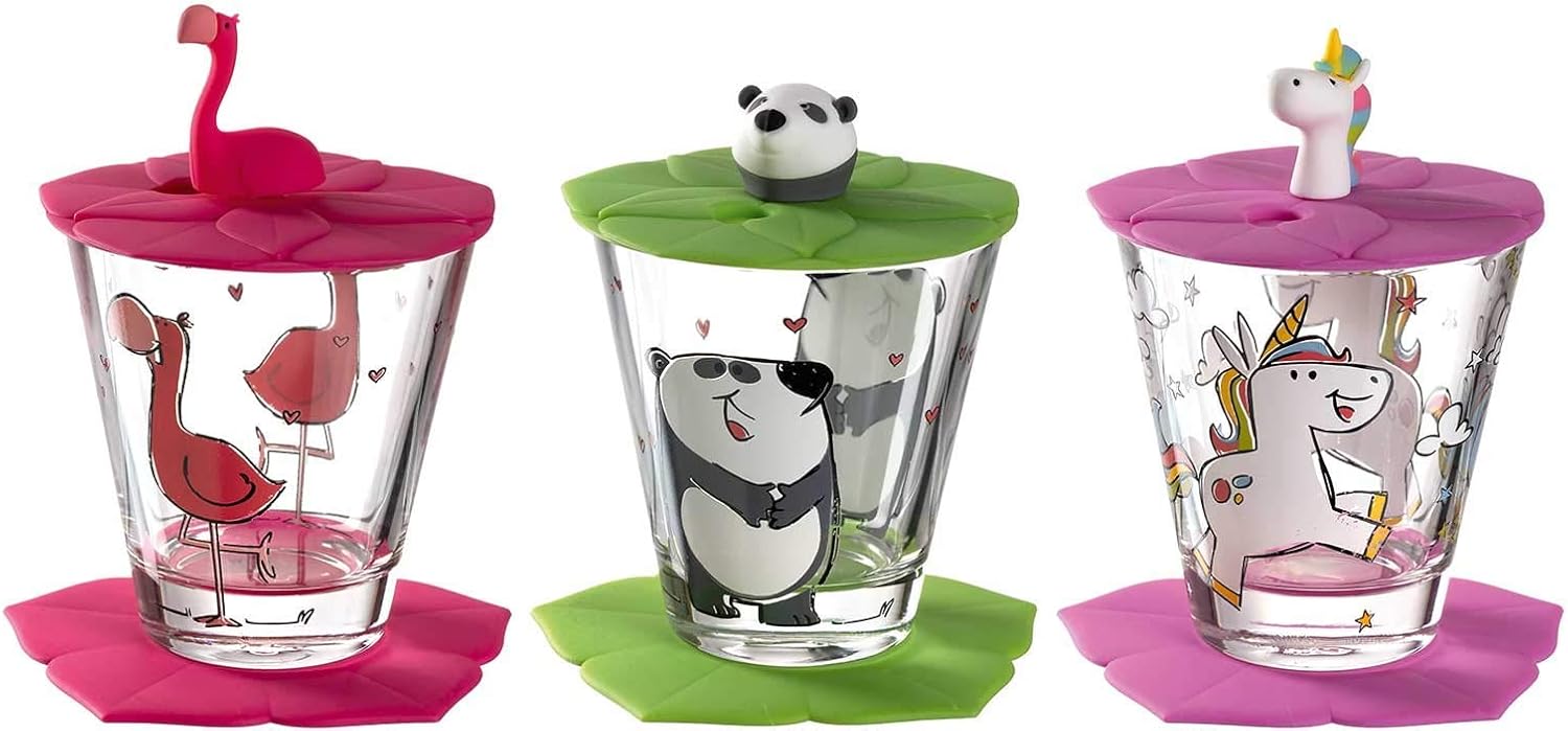 Leonardo Bambini Kindergläser, 3er Set, Kinder-Becher aus Glas mit Tier-Motiven, Deckel, Untersetzer, spülmaschinengeeignet 9 teilig, 215 ml, 034805
