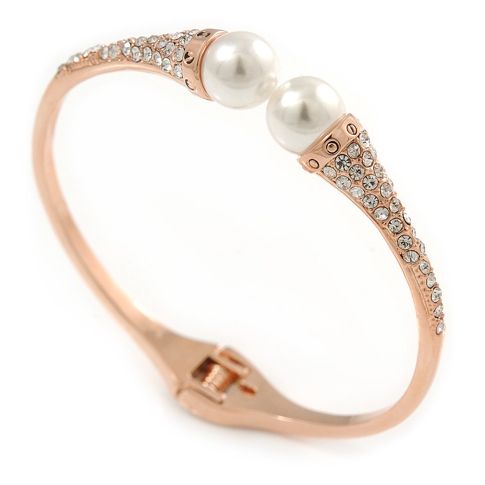 Avalaya Delicate Crystal Simulated Glass Pearl Bead Hinged Bangle Bracelet/Rose Gold Tone/Size M