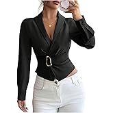 OYOANGLE Women's Elegant Long Sleeve Blouse Wrap Buckle Belted Dress Shirt Cinched Waist Top