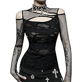XCJIKUKE Women's Gothic T-Shirt Goth Crop Top Y2k Streetwear Long Sleeve Tops Rave Shirts