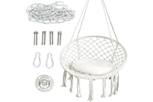VVOODEINCK Hammock Hanging Swinging Chair,Hanging Cotton Rope Swing Chairs with Cushion and Hardware Kits, Hanging Chairs for Indoor Balcony and Outdoor Use,Perfect for Bedroom, Porch, Kids, Adults, (330 Lbs)