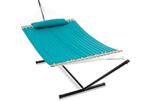 Gafete 55 Inch Extra Large Two Person Hammock with Stand Included Heavy Duty Portable Cotton Double Hammocks with Hardwood Spreader Bar Soft Pillow for Patio Outdoor, Max 475lbs Capacity (Aqua)