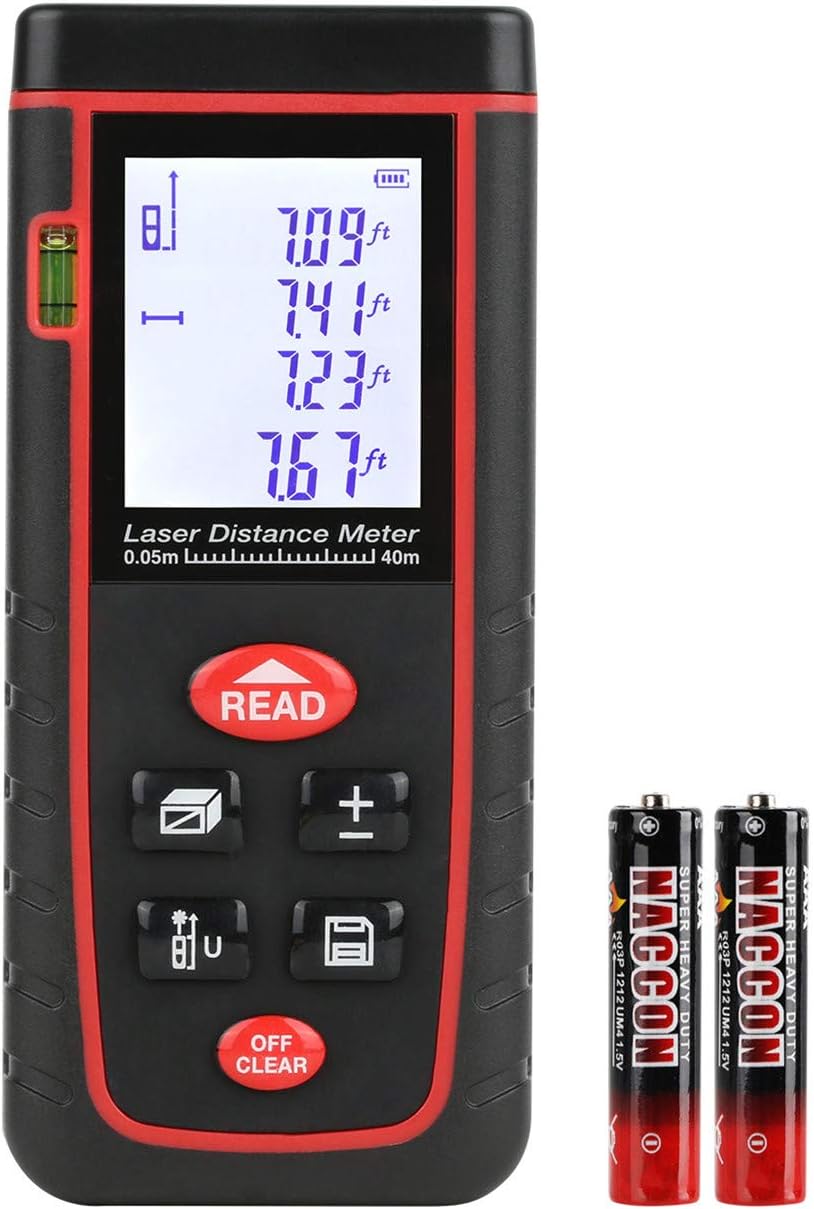Laser Distance Measurement Tool Digital Laser Distance Meter 131Feet, Laser Measure LCD Backlight Display, Measure Distance, Area and Volume, Pythagorean Mode, Battery Included