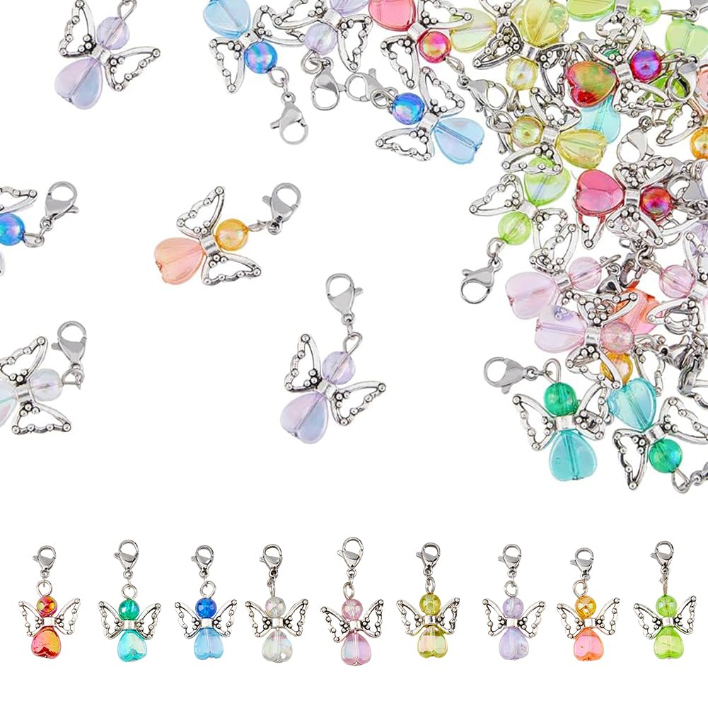 SUPERFINDINGS 36pcs 9 Colors Guardian Angel Charms Colorful Fairy Dangle Pendants Acrylic Angel Wing Charms with Lobster Clasps for DIY Jewelry Making Findings Crafts Supplies