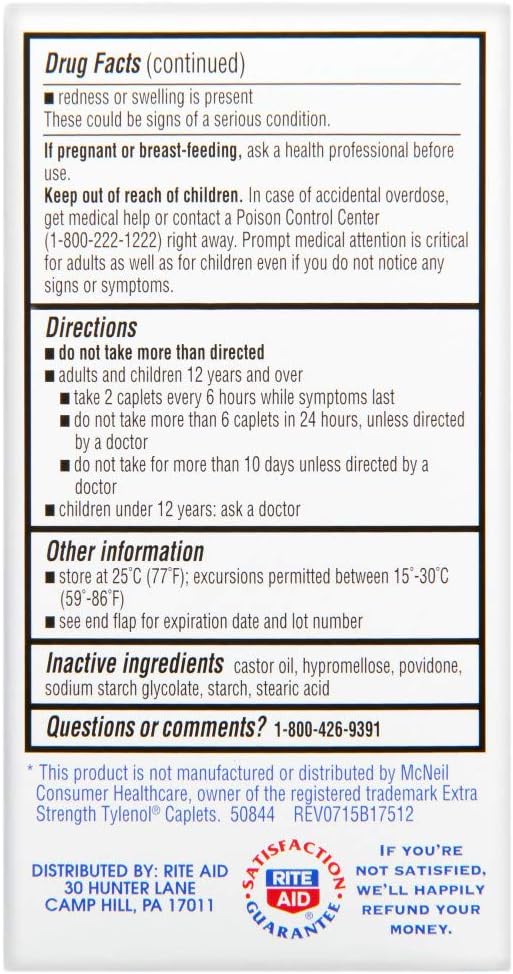 Rite Aid Extra Strength Acetaminophen, 500mg - 100 Caplets | Pain Reliever & Fever Reducer | Migraine Relief Products | Joint & Muscle Pain Relief Pills | Menstrual Pain Relief | Back Pain Relief: Health & Personal Care