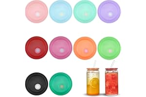 YONHTUTU 10 Pack Acrylic Lids for 16 oz / 20 oz Glass Cups, Replacement Lids with Straw Hole for Mason Jar, Spill Proof Reusable Plastic Bamboo Cover for Beer Can Iced Coffee Tumbler Cup Gifts, Multi-Colored