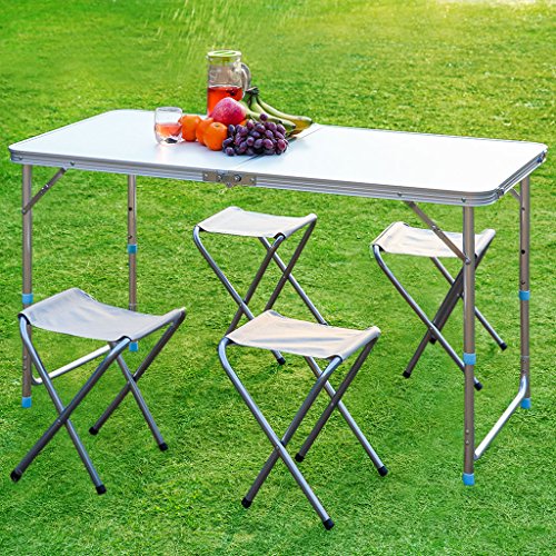 Finether Height Adjustable Folding Table and 4 chairs, Lightweight Portable Aluminum Folding Table and Stool Set with Parasol Hole Indoor Outdoor Picnic Party Home Kitchen Dining Cookout Camping Table - Thumbnail 4