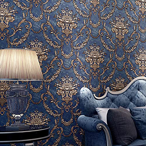 Prior.choice 10X0.53M AB Vintage Luxury Gold Damask Stripes 5 Colors Embossed Textured Non-Woven Wallpaper Roll for Bedroom Livingroom 1.73' W x 32.8' L=5.3㎡ (57sq.ft) (Dark Blue A Damask)