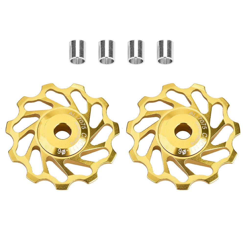VGEBY1 Bike Derailleur Pulley, 2Pcs 11T/13T Bike Guide Roller Ceramic Bearing Rear Pulley Wheel with Hole Adapter (11T-Golden)