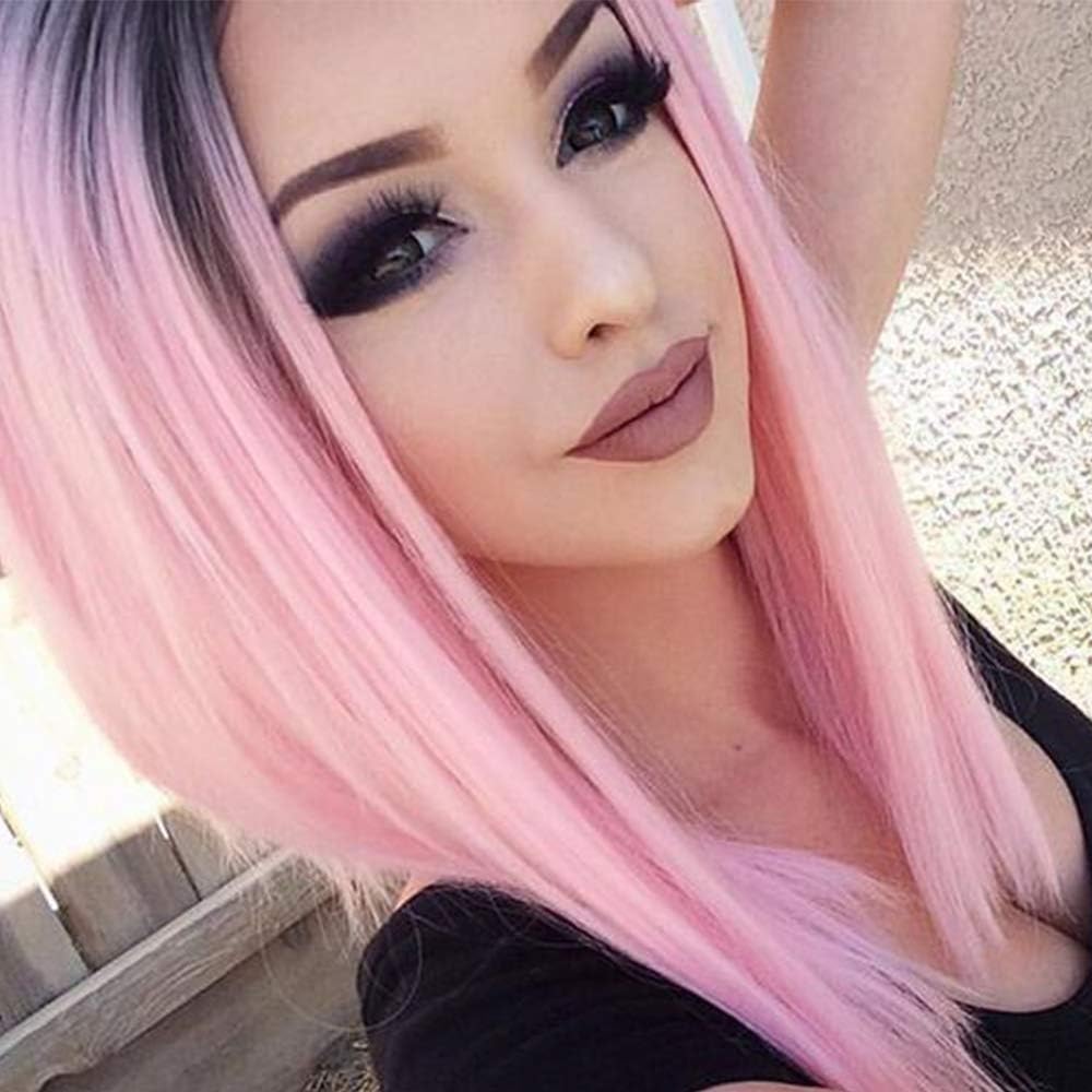 TALANG HAIR Ombre Pink Wigs for Women Short Straight Middle Part Wigs Natural Looking Colorful Wig with Dark Roots Heat Resistant Synthetic Full Cosplay Party Wigs