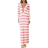 Saodimallsu Womens Crochet Summer Maxi Dress Striped Sexy Cut Out V Neck Long Sleeve Knit Cover Up Beach Dresses