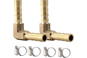 AUXBC 2Pcs 1/4Inch 90 Degree Brass Hose Barb, L Right Angle Brass Barb Elbow Connector Fitting with 4Pcs Hose Clamps for Fuel, Air, Water, Oil, Gas(6mm)