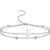 Sterling Silver Cross Birthstone Bracelet: Women Cross Month Stone Double Layer Chain Bracelet Birthday Gift