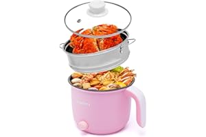 Wxvimi Hot Pot Electric,Electric Noodle Pot,Non-Stick Electric Cooking Pot,Rapid Noodles Cooker,1.8L Electric Ramen Cooker with Steamer,Suitable for Pasta,Dumplings,Soup,Steak.(Rotary switch) Red
