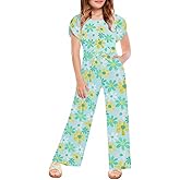 Haloumoning Girls Floral Jumpsuit Kids Fashion Short Sleeve Belted Wide Leg Romper One Piece Outfits with Pockets