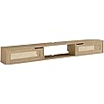 Walker Edison Modern Rattan Flip-Down-Door Wall-Mounted Floating Stand for TVs up to 80 Inches, 70 Inch, Coastal Oak