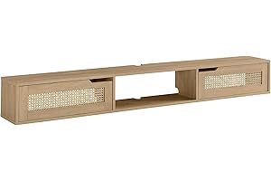 Walker Edison Modern Rattan Flip-Down-Door Wall-Mounted Floating Stand for TVs up to 80 Inches, 70 Inch, Coastal Oak