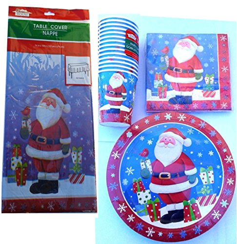 Greenbrier International Santa Claus Paper Plates, Napkins, Paper Cups, and Plastic Table Cover