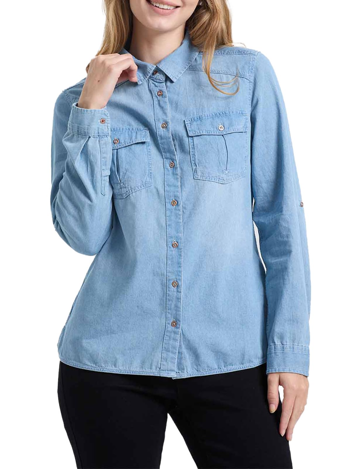 Photo 1 of *MINOR DAMAGE - USED*
FASHIONSPARK Women's Denim Shirt Button Down Long Sleeve Tops Basic Jean Casual Shirts with Pockets Light Blue, Medium