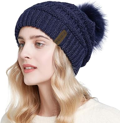 ladies navy pom pom hat