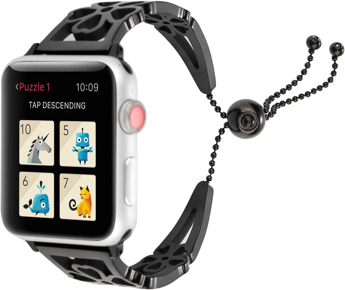 HULUCKY Bracelet for Apple Watch Band 38mm 42mm, Classy Stainless Steel Cuff Jewelry for iWatch Bands Strap Wristbands Unique Fancy Style for Women Girls with Pendant and Tassel (Flower Black-42mm)