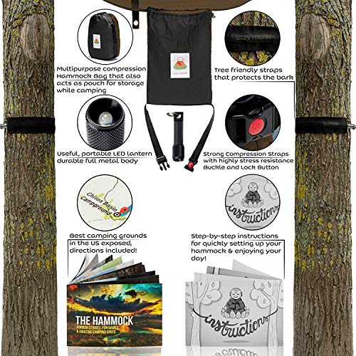 Lazy Monk Camping Hammock | Portable Outdoor Folding Hamock for Travel & Backpacking | Double Two People 2 Person Hammock with Tree Straps | Hamaca para dos - Best Accessories Kit + Bandana