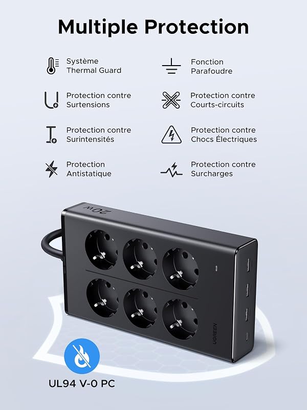 10 en 1 Multiprise 6 Prises AC 4 USB 20W avec Interrupteur 3680W 16A