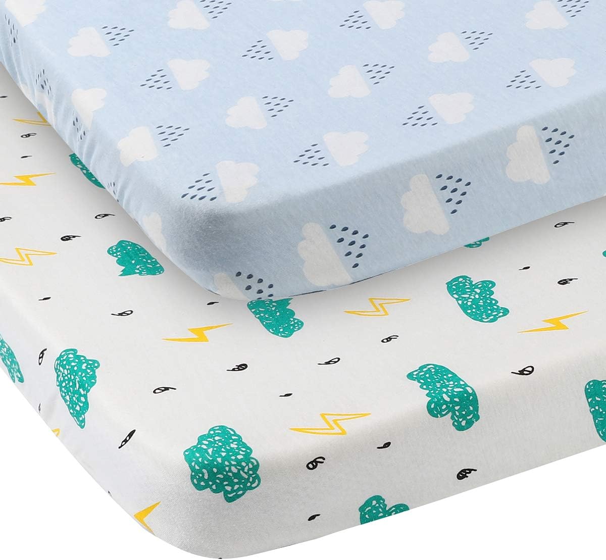 Pack n Play Playard Fitted Sheet 2 Pack, Ultra Soft Stretchy Jersey Cotton Portable Mini Crib Sheets, Clouds and Raindrops Prints, White and Blue