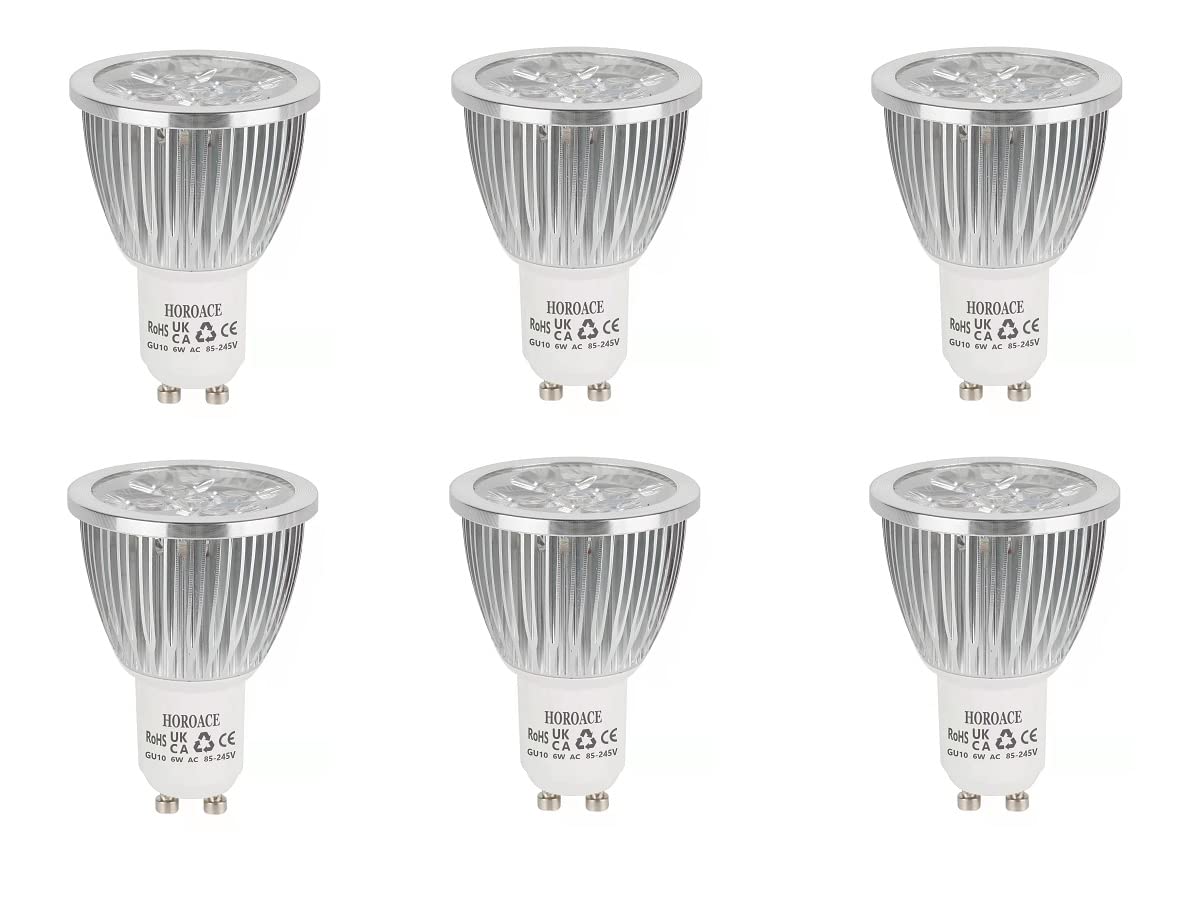 HOROACE 6Pcs GU10 Day White LED Bulbs Long Neck, Aluminum Alloy Radiator, Wide Beam Angle 60°,Superbright Energy Saving Spotlight Bulbs 60W Halogen Equivalent,85V-265V,GU10 6W 560lumens(Day White)