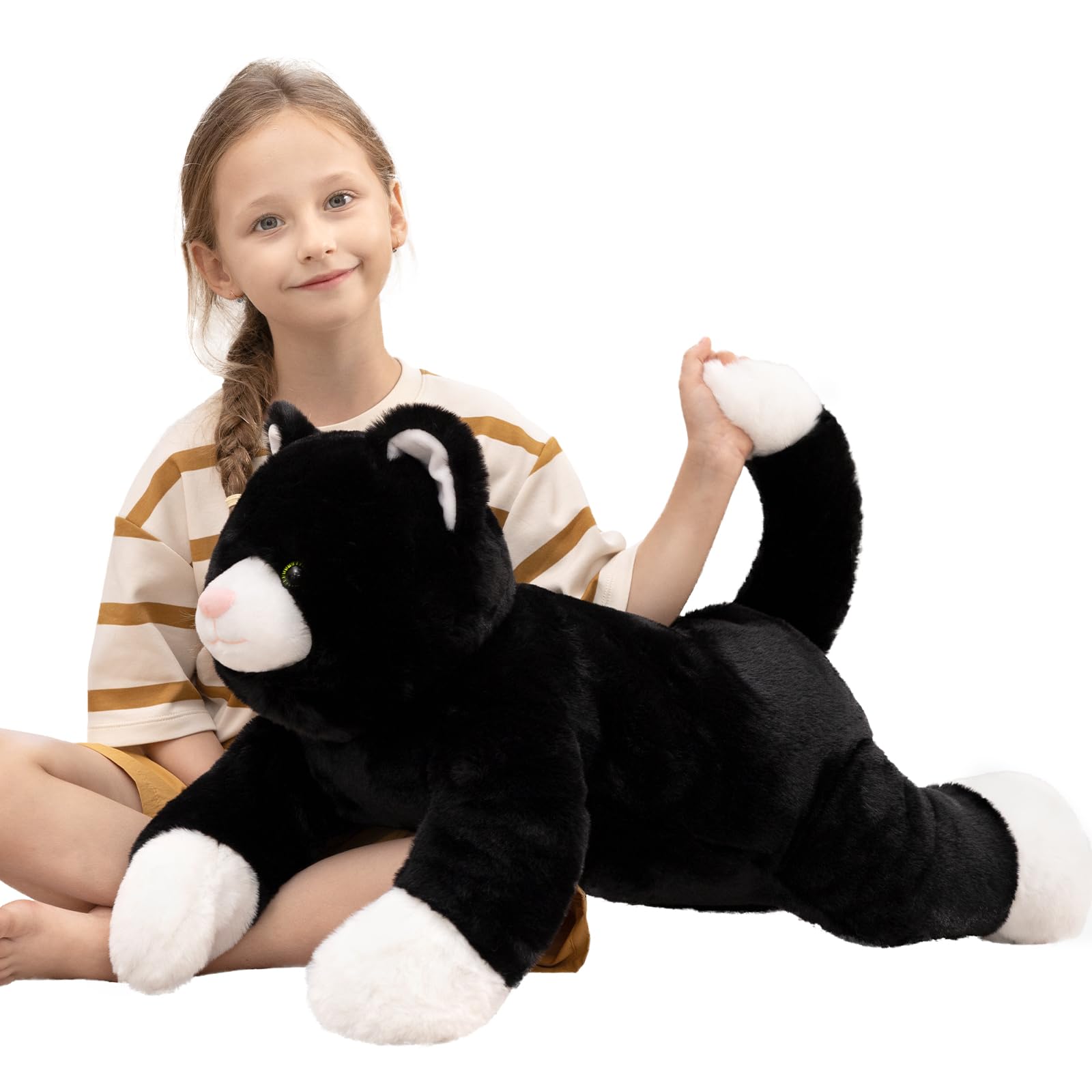 MorisMos Katze Plüschtier 80 cm Lang, Schwarzes Katzen Kuscheltier XXL, Weiches Plüschtier Katze Kissen, Liegende Katze Stofftier für Kinder, Mädchen, Jungen, Geburtstag Weihnachten Geschenk