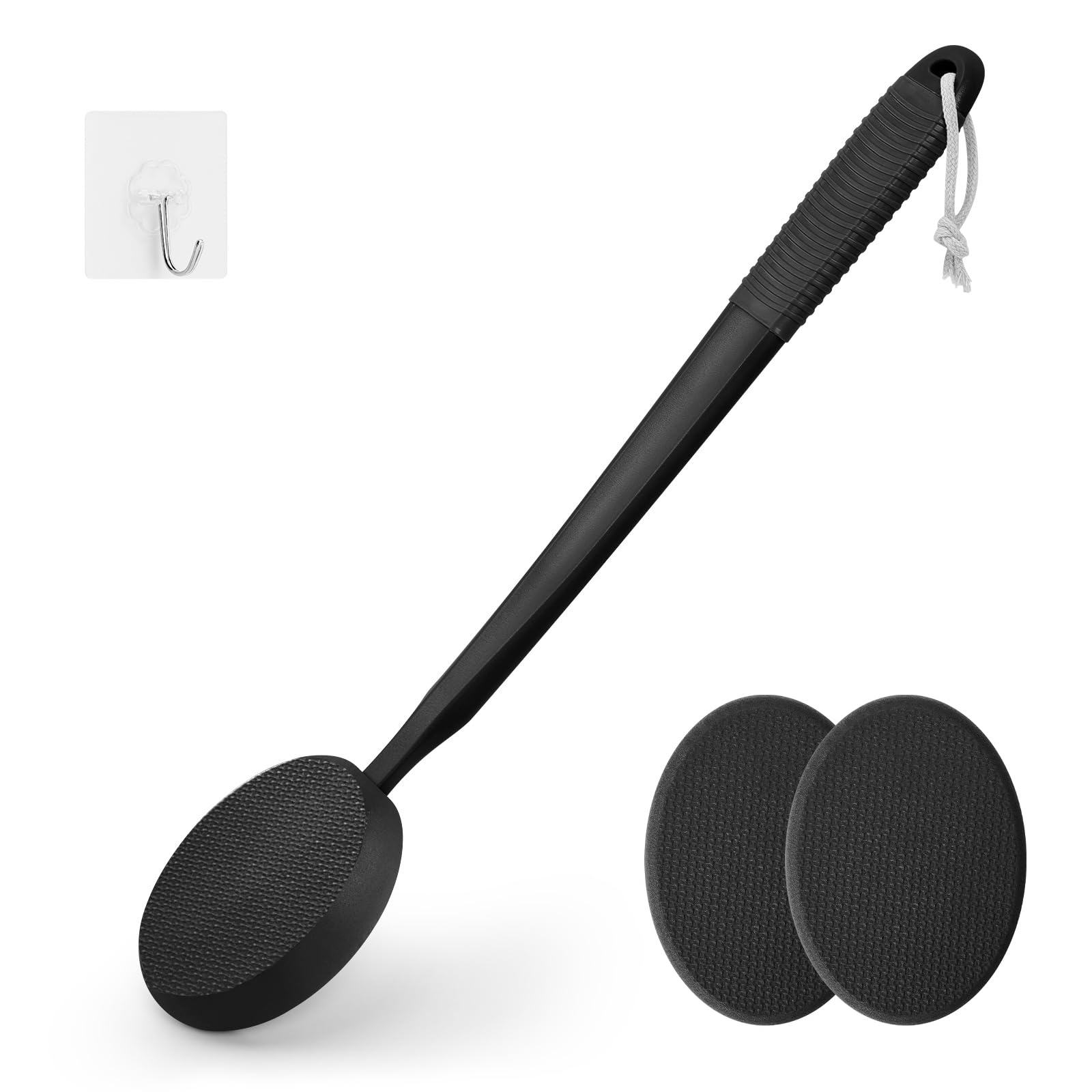 Lotion Applicator for Back, Feet & Legs with Long Plastic Handle, Back Moisturizer Cream, Self Tanning, Sunscreen, Ointment, Medicine Applicator for Elderly, Men or Women with 3 Washable Pads (Black)