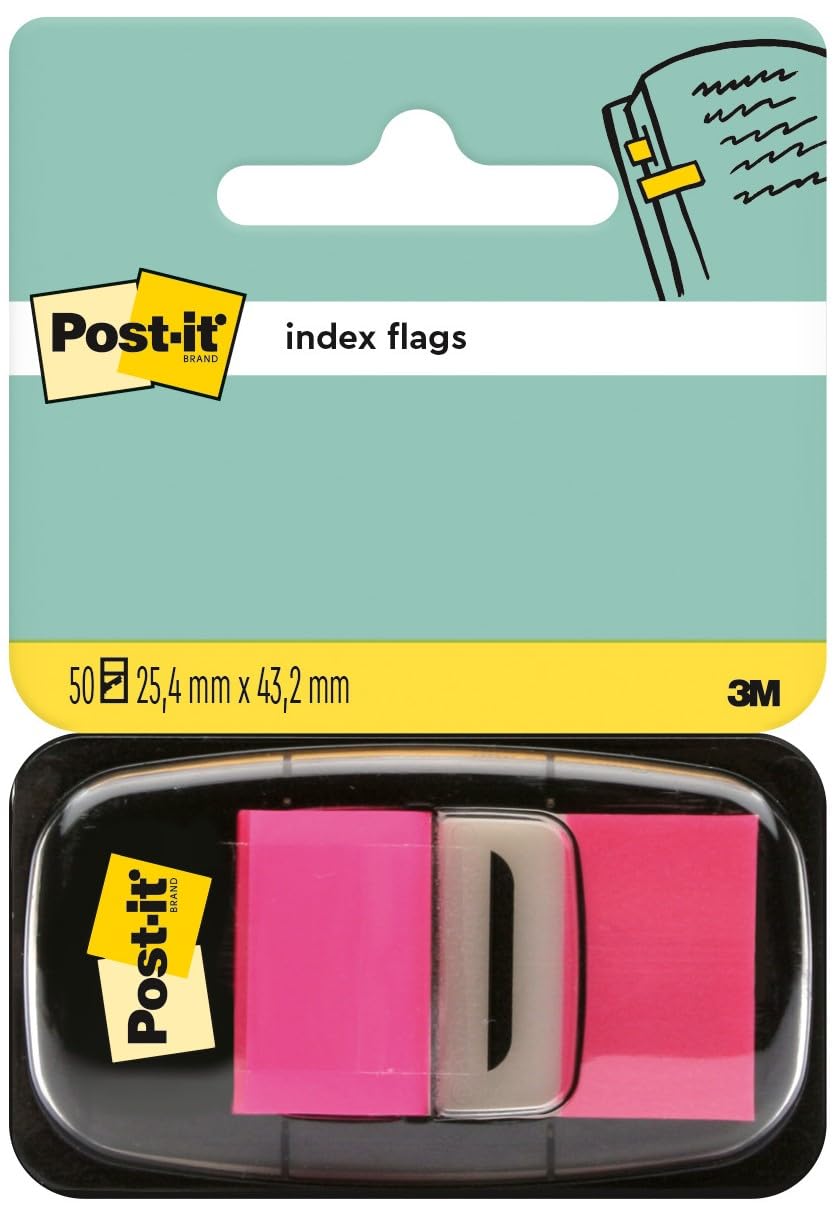 Post-it Index Flags, Medium, Pink, 1 Dispenser 25.4 mm x 43.2 mm, 50 Flags - to Mark, Highlight or Color Code Important Information