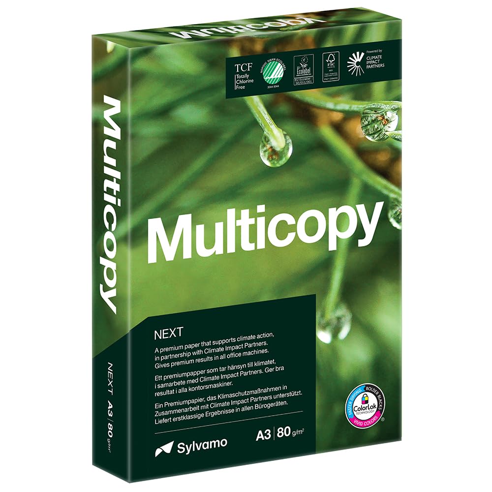 Multicopy Next A3 Printer Paper, 500 Sheets, 80gsm Ream, ColorLok Technology, Carbon Neutral, Multiple Eco‑Certificatons, for Inkjet & Laser Printing