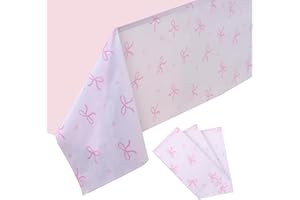 PEIKING 3PC Pink Bow Tablecloth, Bow Party Supplies Decorations, Rectangle Disposable Tablecover 54×108in White Pink for Bow Theme Birthday Party Bachelorette Bridal Engagement Decor Coquette Supplies