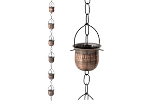 eUty 8.5ft Faux Copper Cup Shaped Rain Chain with V-Shaped Gutter Clip-Replacement Gutter Downspout - Divert Water and Outside Decor