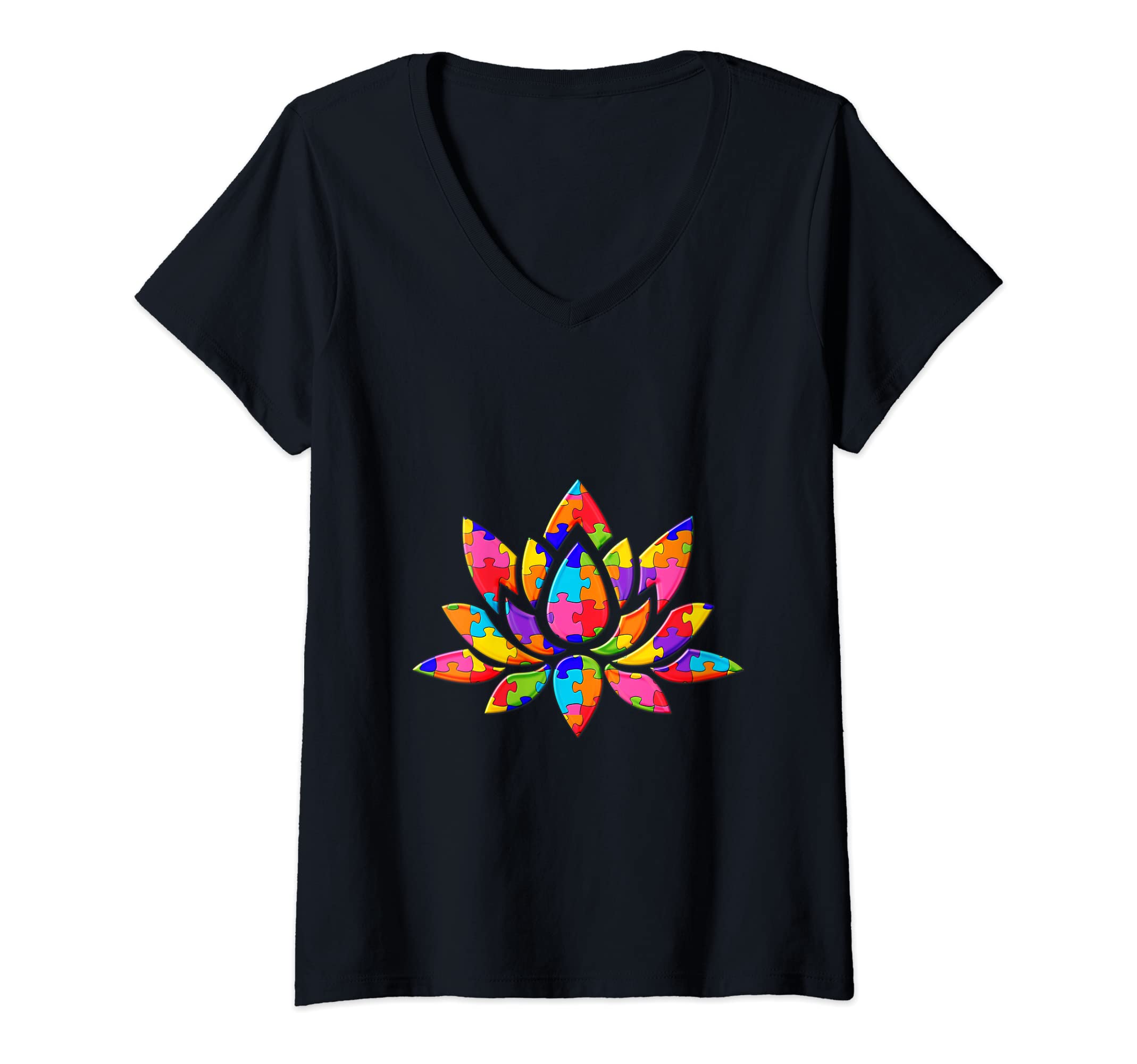 Womens Lotus Mandala flower Jigsaw Autism Puzzle V-Neck T-Shirt