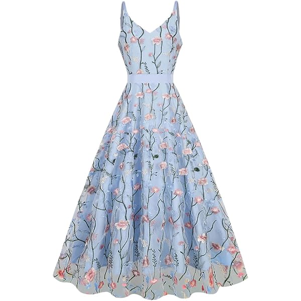 Amazon.com: Women's Sleeveless Mesh Floral Embroidery Dress V Neck A-line  Spaghetti Strap Long Dresses Cocktail Prom Halloween Blue S : Clothing,  Shoes & Jewelry